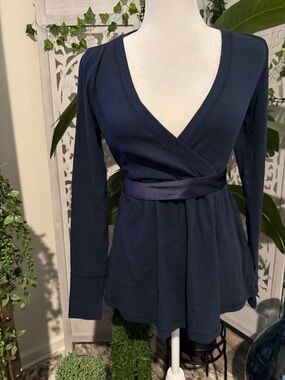Hollister Navy Wrap-Front Long Sleeve Tunic with Satin Waist